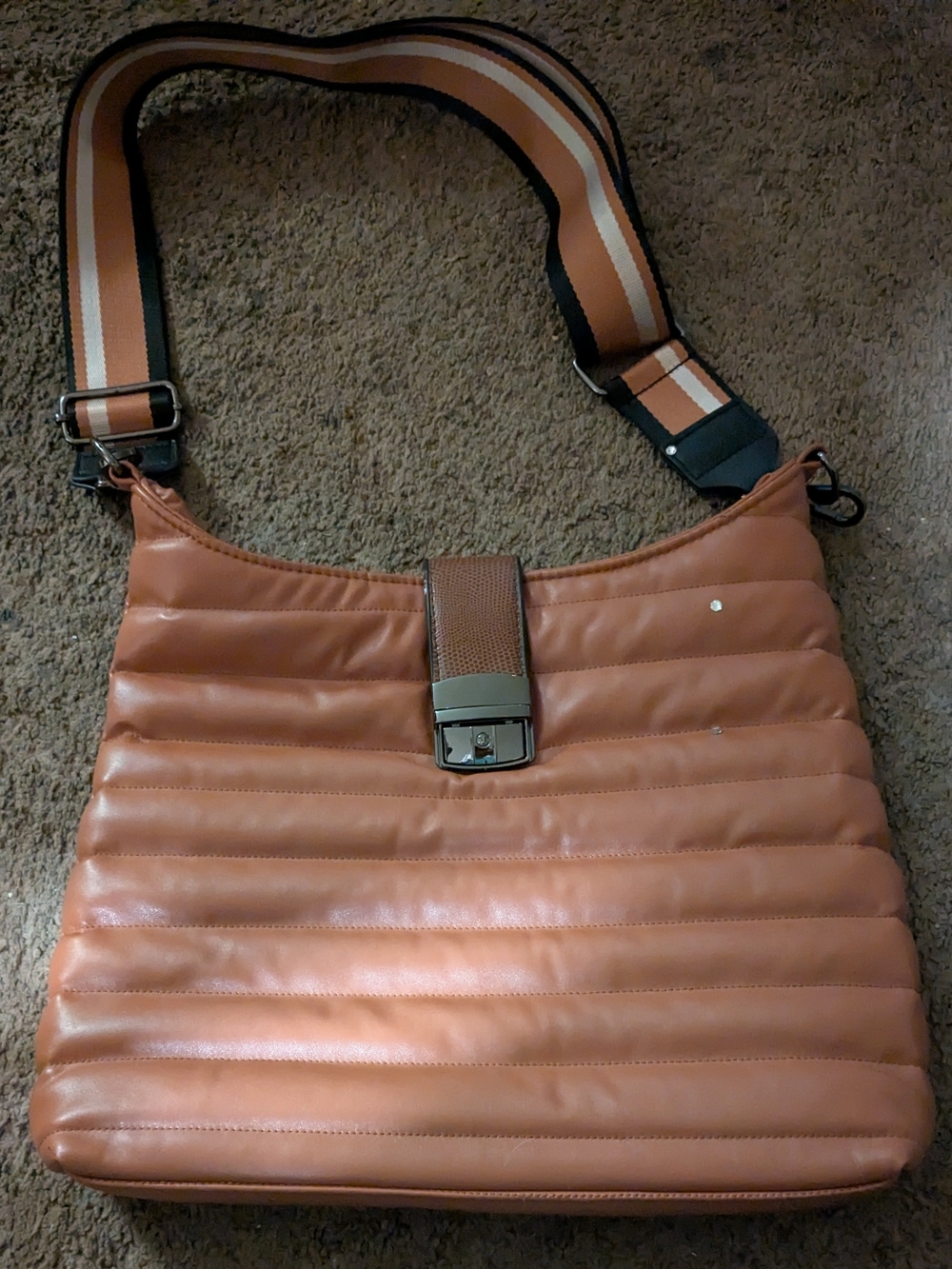 THINK ROYLN Quilted Tan Crossbody with Striped Adjustable Strap